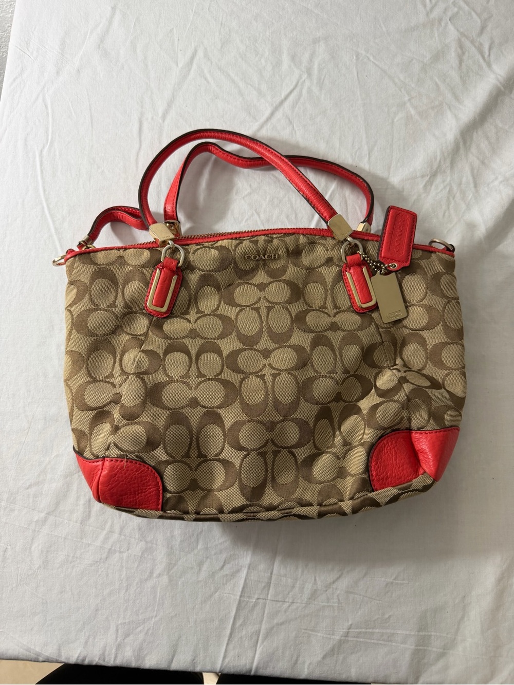 Coach Tan Signature Canvas Shoulder Bag with Red Leather Accents